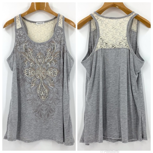 Maurices Grey Textured and Bejewelled Lace Back Tank Top, Large - Picture 13 of 16